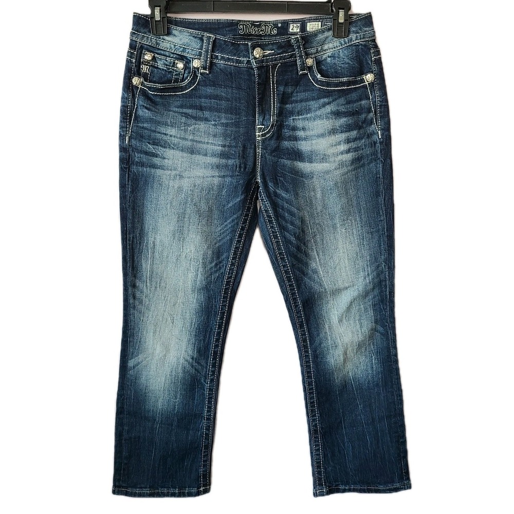 Miss Me Women's Blue Denim Mid-Rise Cropped Jeans with Embellished Pockets Sz 29